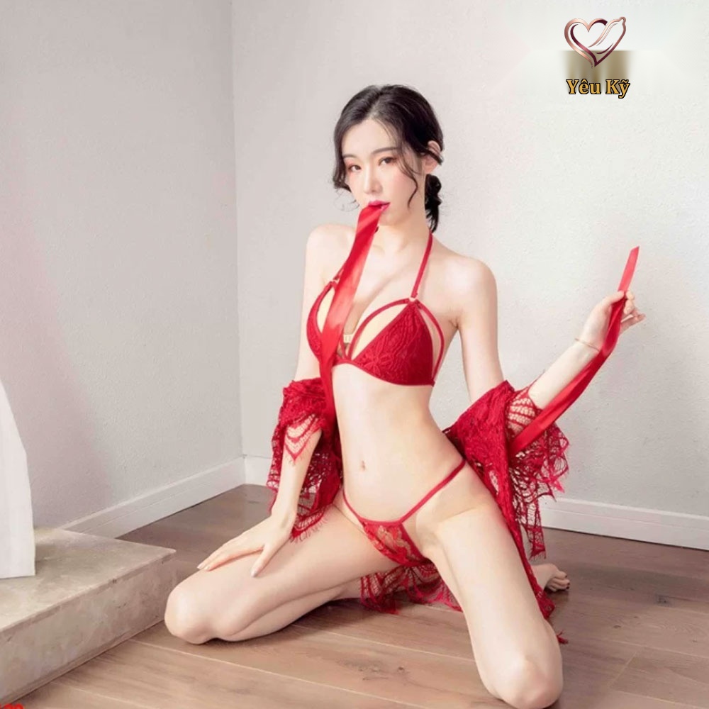 Áo choàng ngủ kèm nội y ren đỏ CN05 - Ảnh 2