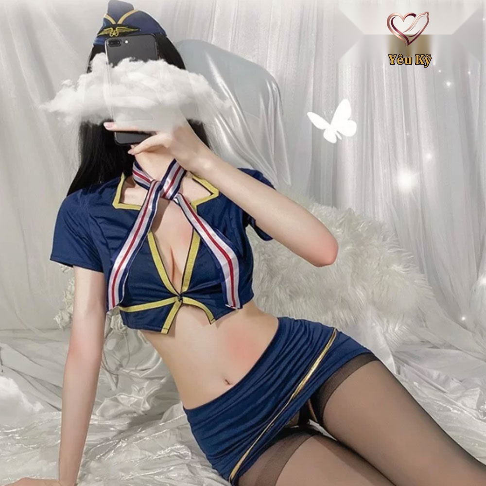 Thời trang sexy cosplay tiếp viên hàng không màu xanh TV03 - Ảnh 2