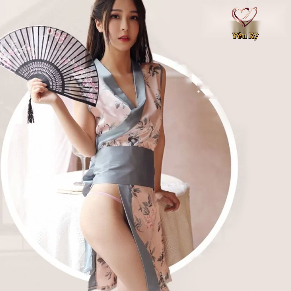 Thời trang sexy cosplay Kimono Nhật Bản màu xanh KMN11 - Ảnh 2