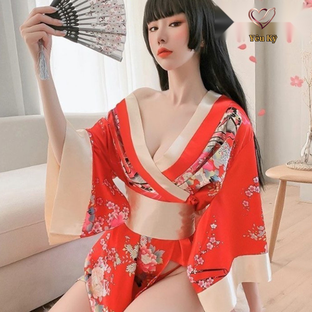 Thời trang sexy cosplay Kimono Nhật Bản cao cấp màu đỏ KMN01 - Ảnh 2