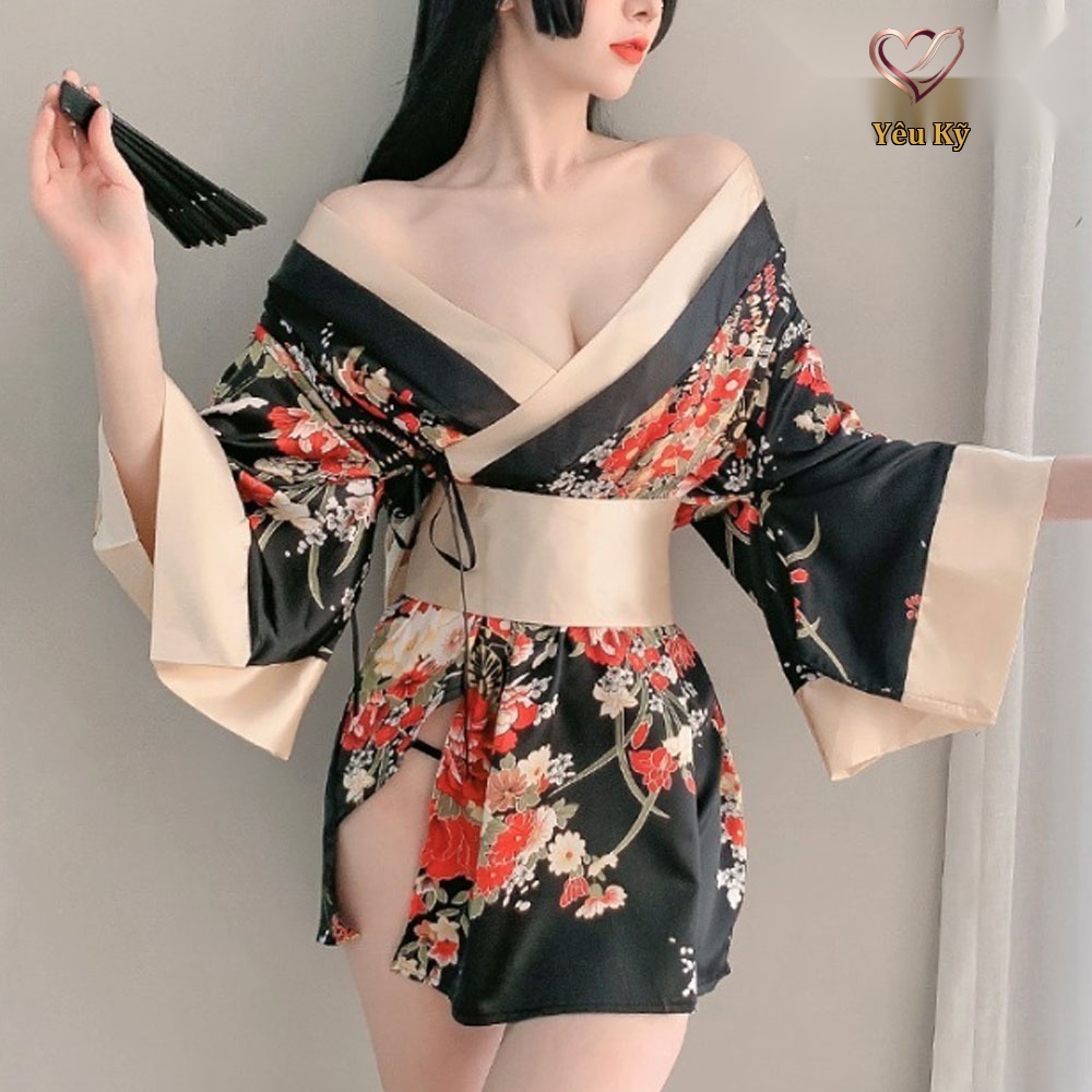 Thời trang sexy cosplay Kimono Nhật Bản cao cấp màu đen KMN04 - Ảnh 3