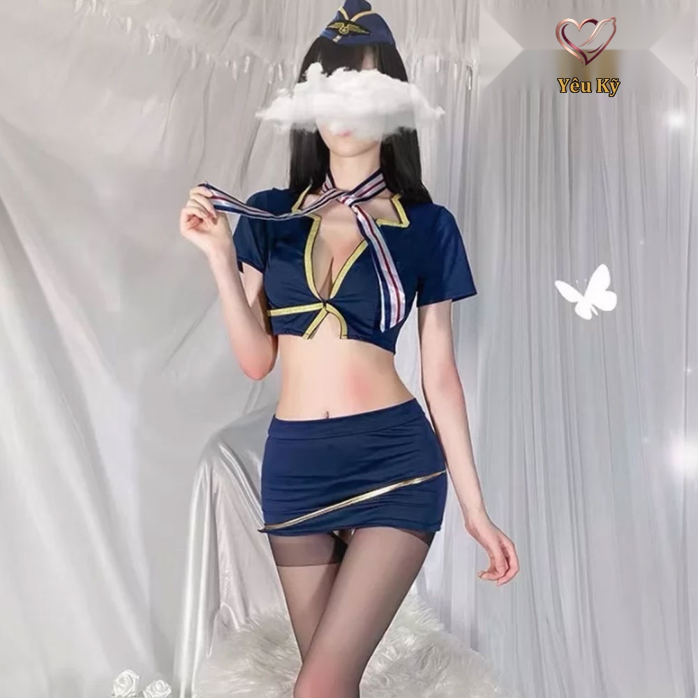 Thời trang sexy cosplay tiếp viên hàng không màu xanh TV03 - Ảnh 3