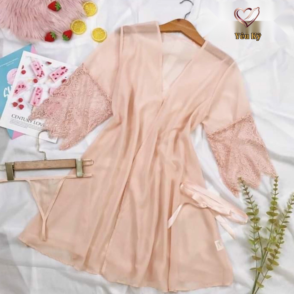 Áo choàng ngủ tiểu thư vải voan màu hồng CN04 - Ảnh 3