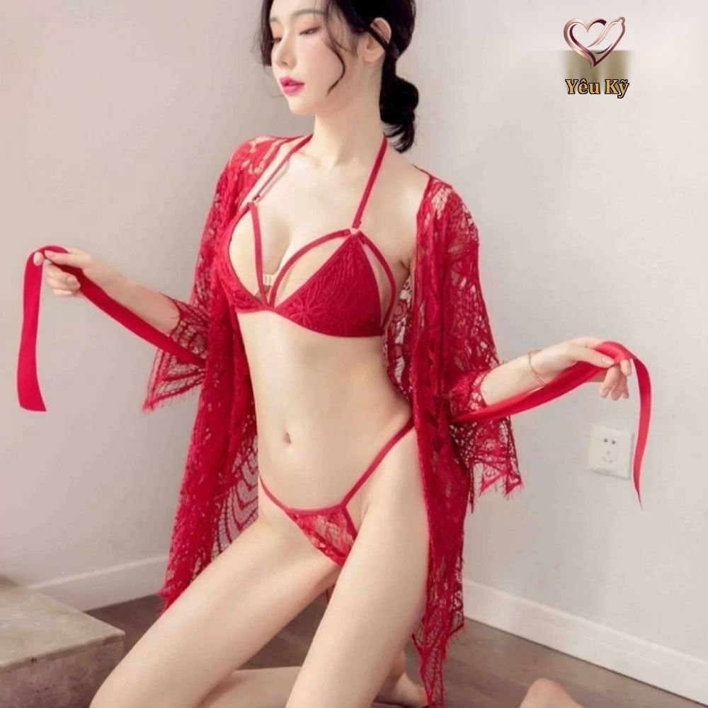 Áo choàng ngủ kèm nội y ren đỏ CN05 - Ảnh 3