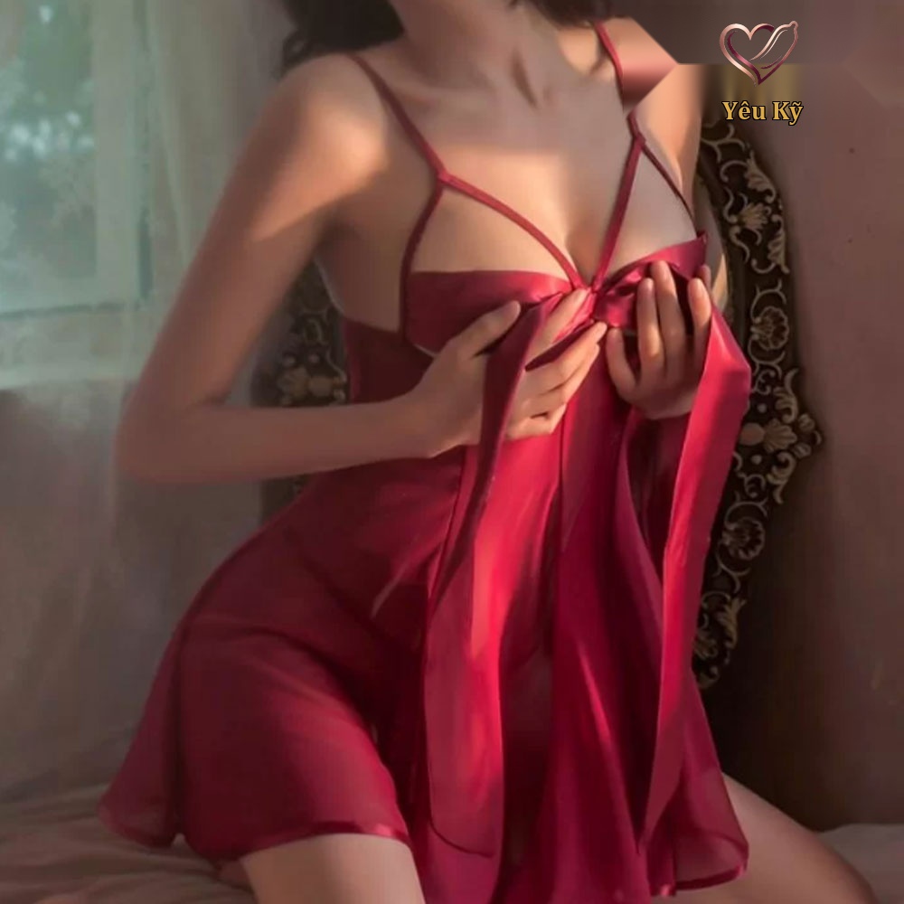 Đầm ngủ xuyên thấu thắt nơ ngực màu đỏ DN31 - Ảnh 3