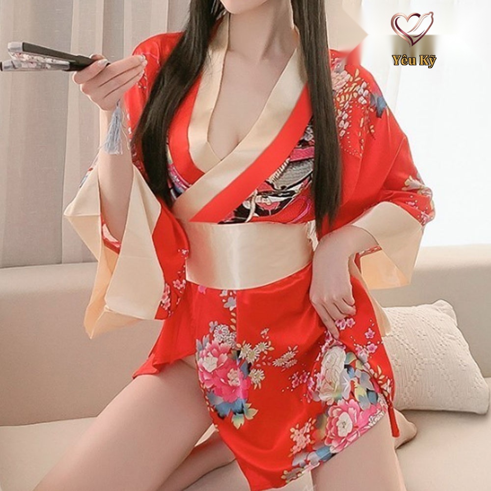 Thời trang sexy cosplay Kimono Nhật Bản cao cấp màu đỏ KMN01 - Ảnh 4