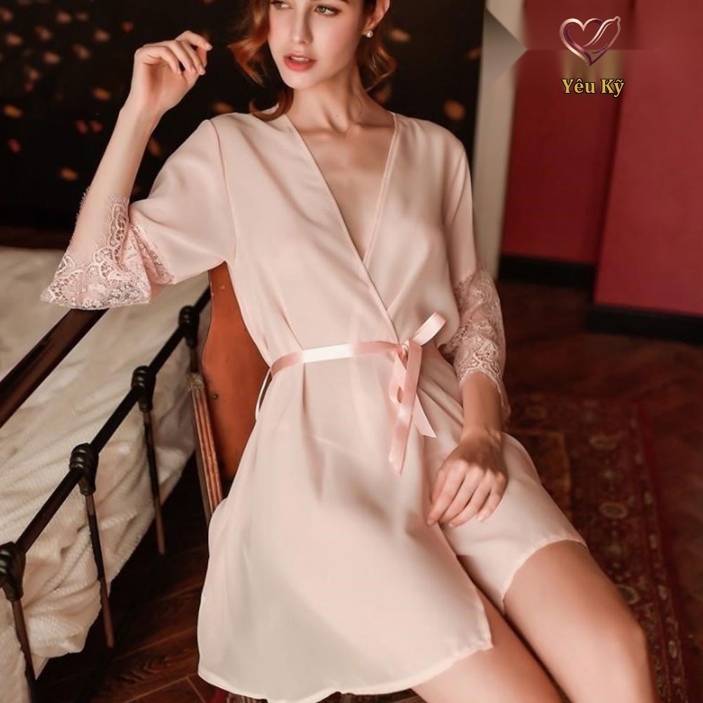 Áo choàng ngủ tiểu thư vải voan màu hồng CN04 - Ảnh 4