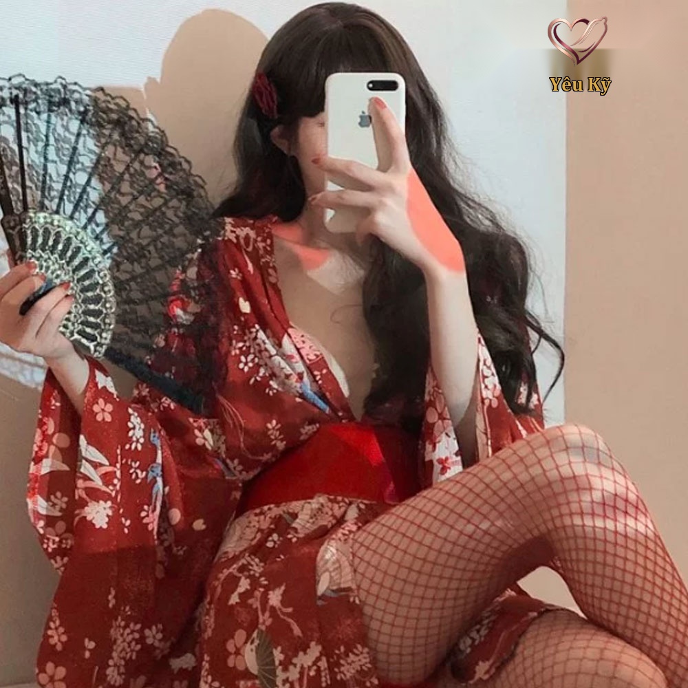 Thời trang sexy cosplay Kimono Nhật Bản màu đỏ KMN07 - Ảnh 4