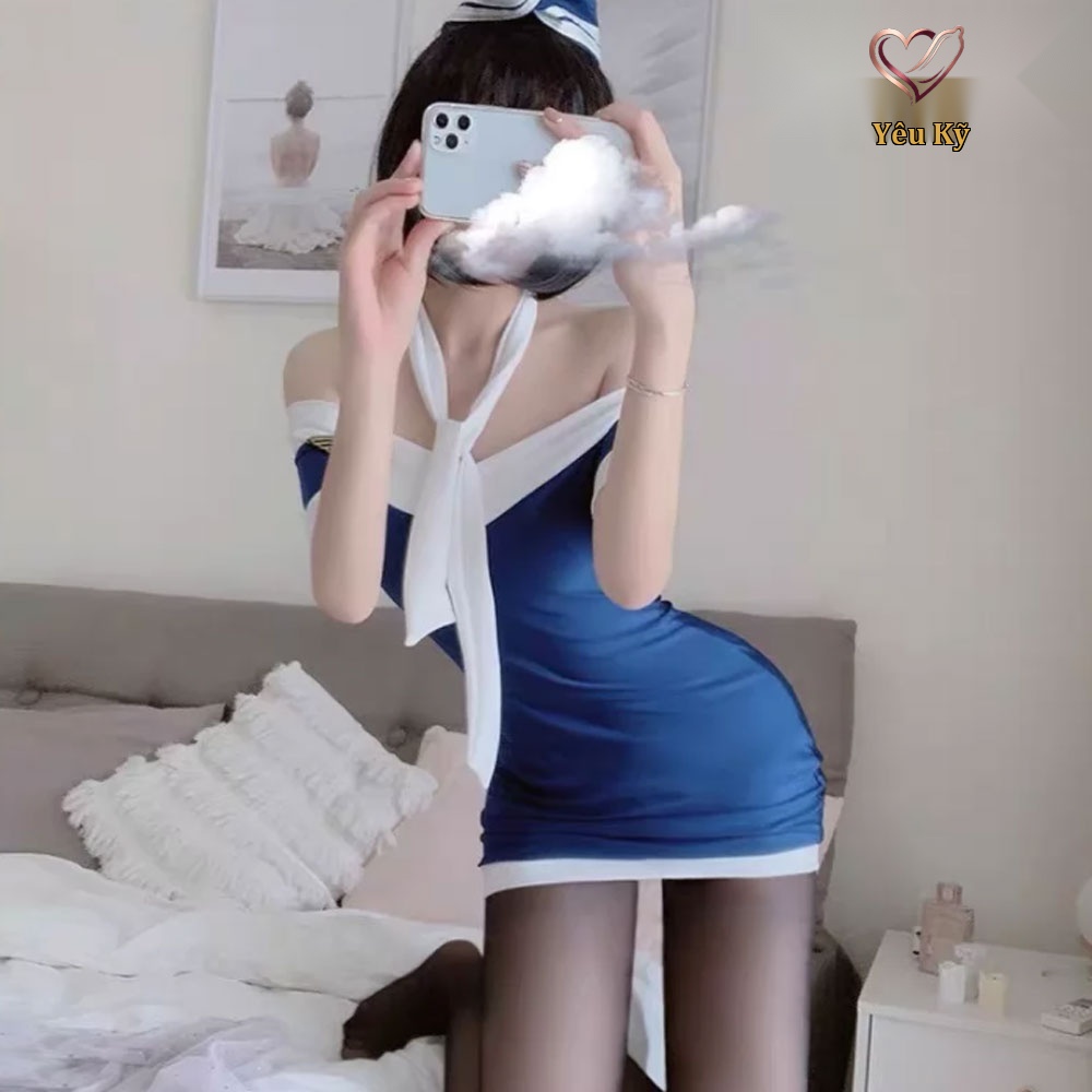 Thời trang sexy cosplay tiếp viên hàng không Airline màu xanh TV01 - Ảnh 4