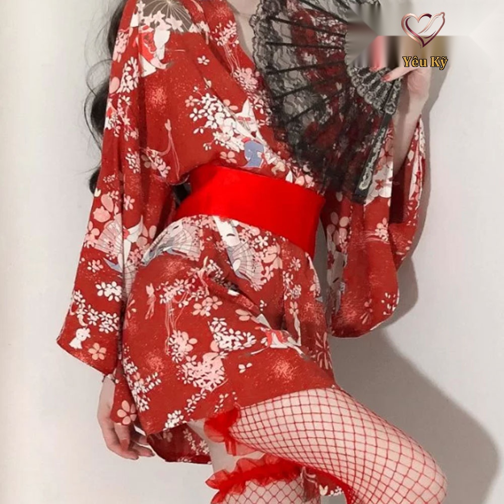 Thời trang sexy cosplay Kimono Nhật Bản màu đỏ KMN07 - Ảnh 5