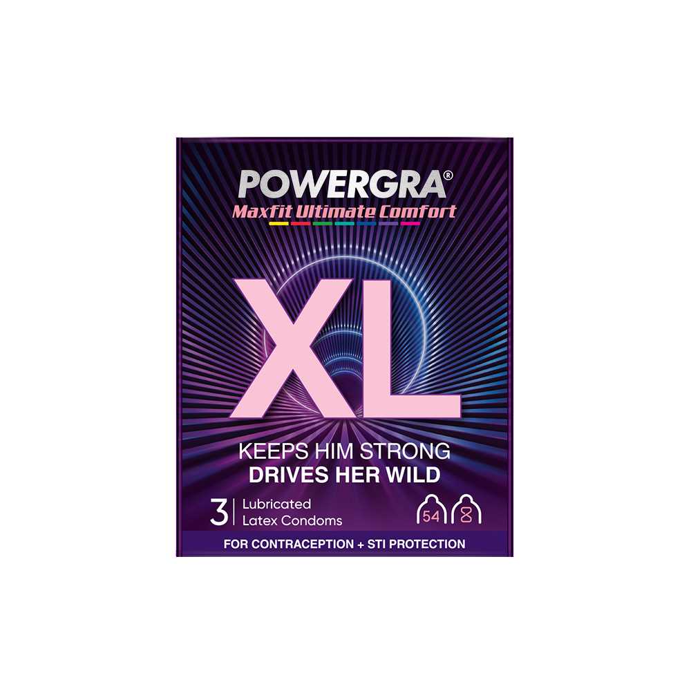 Bao cao su Powergra Maxfit - Size 54mm, siêu mỏng, kéo dài, hương dâu - Hộp 3 cái
