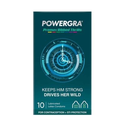 Bao cao su Powergra Promax - Gân sọc và điểm nổi, kéo dài, hương trái cây - Hộp 10 cái