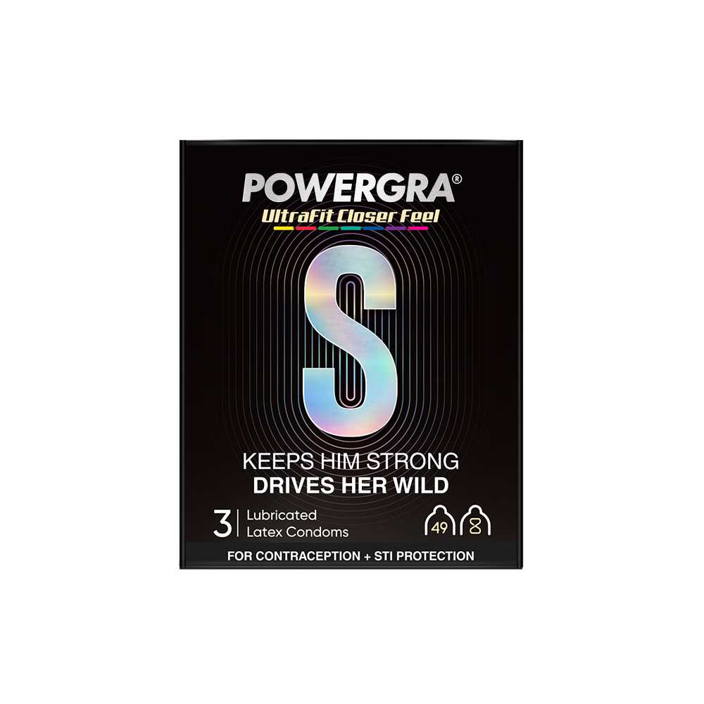 Bao cao su Powergra Ultrafit - Size 49mm, siêu mỏng, kéo dài, hương dâu - Hộp 3 cái