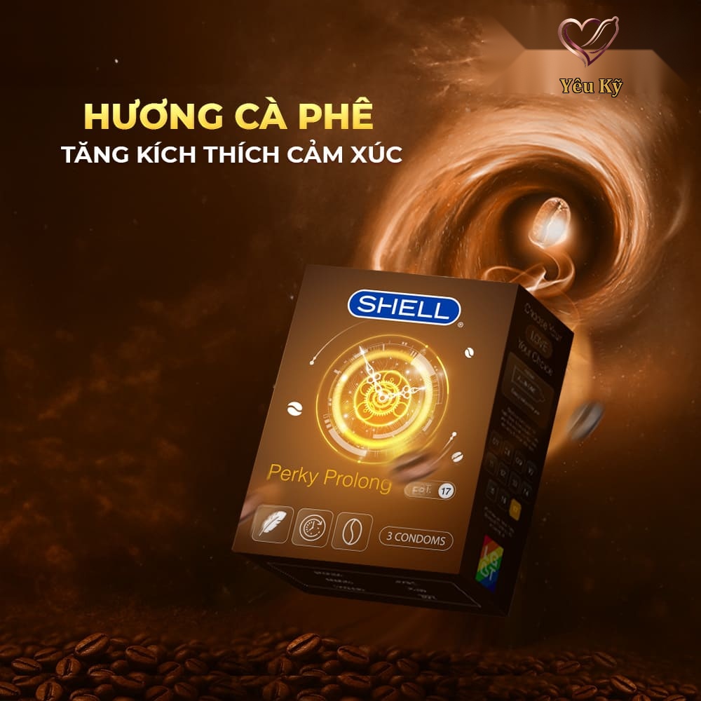 Bao cao su Shell Perky Prolong - Siêu mỏng, kéo dài thời gian, hương cà phê - Hộp 3 cái - Ảnh 2
