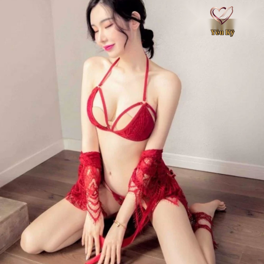 Áo choàng ngủ kèm nội y ren đỏ CN05 - Ảnh 4