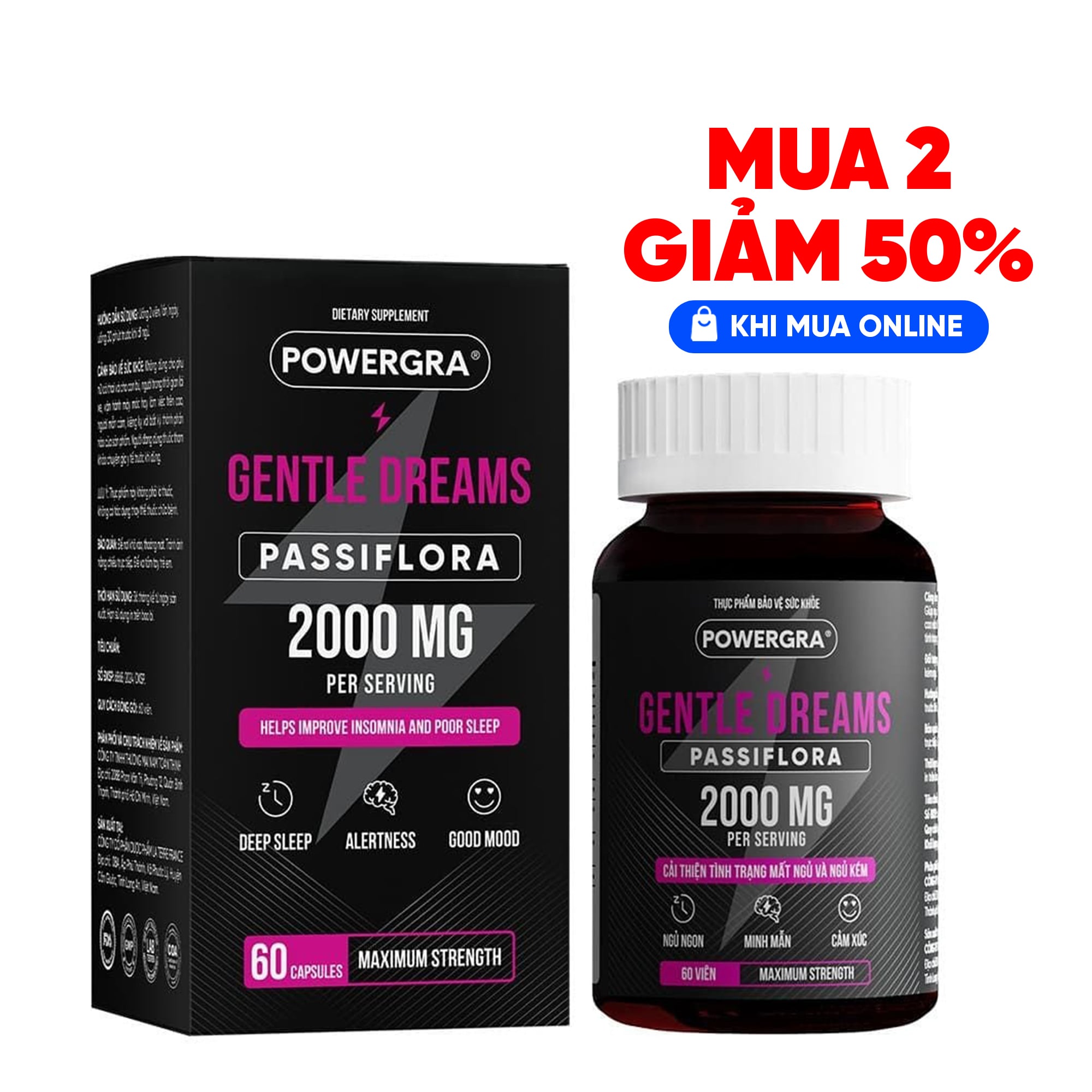 Viên uống cải thiện tình trạng mất ngủ Powergra Gentle Dreams - Hộp 60 viên