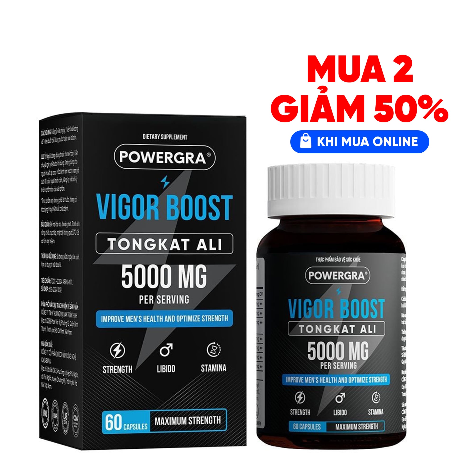 Viên uống phục hồi và tăng cường sinh lý nam giới Powergra Vigor Boost TongKat Ali - Hộp 60 viên